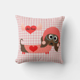 ダックスフントのピンクのギンガムのバレンタインの枕 クッション