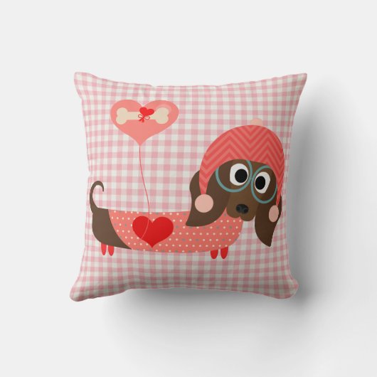 ダックスフントのピンクのギンガムのバレンタインの枕 クッション (裏面)