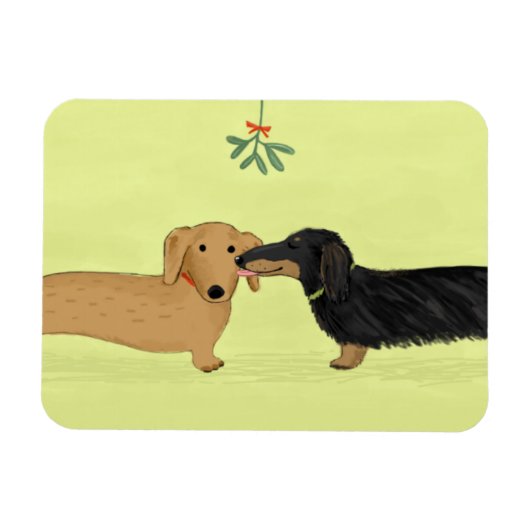 ダックスフントのヤドリギのキス-ウインナー犬のクリスマス マグネット (横)