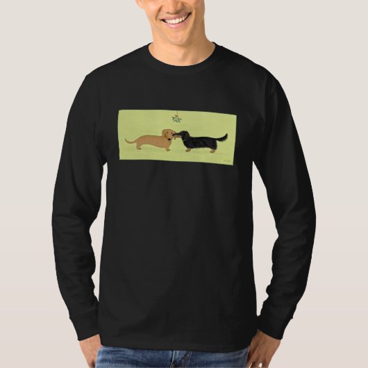 ダックスフントのヤドリギのキス-ウインナー犬のクリスマス Tシャツ (正面)