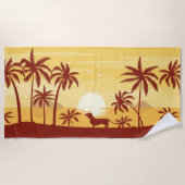 ダックスフントの日没のビーチタオルのヤシの木のウインナー犬 ビーチタオル (正面)