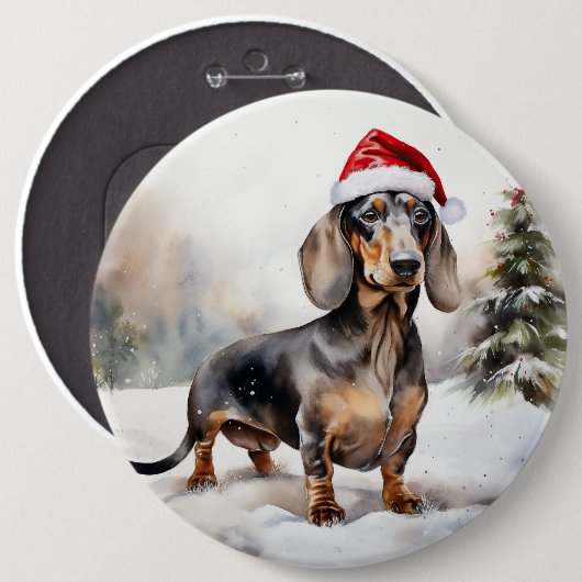 ダックスフントの犬と雪のクリスマス 缶バッジ (正面&裏面)