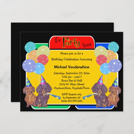 ダックスフントの猟犬の誕生日Barker 招待状 (正面/裏面)