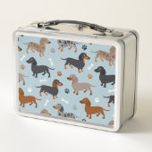 ダックスフントの足および骨パターン青 メタルランチボックス (裏面)