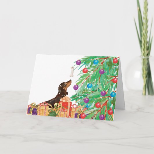 ダックスフントのDaxiのダックスフントの水彩画のクリスマス カード (正面)