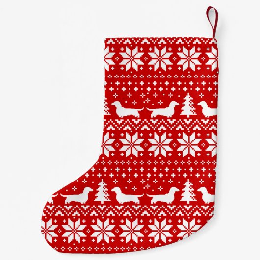 ダックスフントはかわいいパターンウインナー犬のシルエットを描きます スモールクリスマスストッキング (裏面)