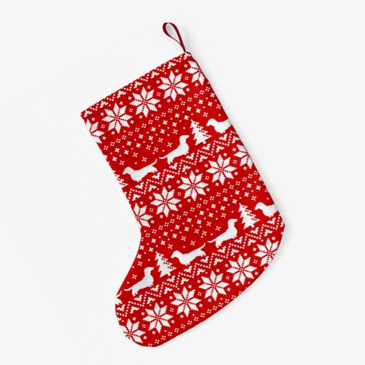 ダックスフントはかわいいパターンウインナー犬のシルエットを描きます スモールクリスマスストッキング (裏面 (吊り時))