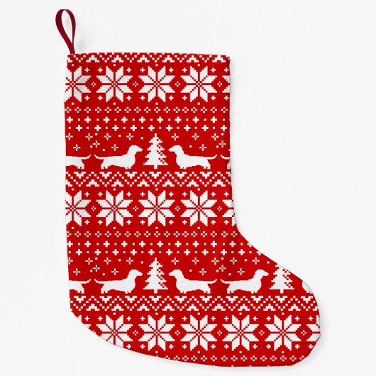 ダックスフントはかわいいパターンウインナー犬のシルエットを描きます スモールクリスマスストッキング (正面)