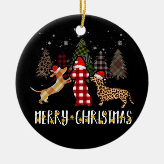 ダックスフントメリークリスマスカウトプレイドヒョウドキシー セラミックオーナメント (正面)