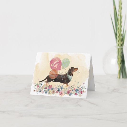 ダックスフント犬と風船、ありがとう サンキューカード (正面)