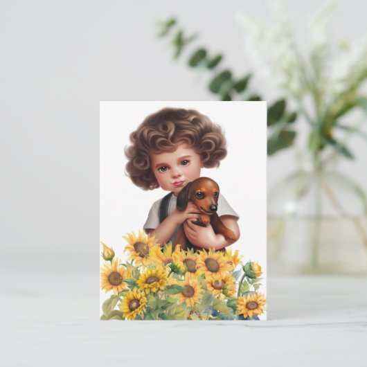 ダックスフント葉書アートを持つ小さな少年 ポストカード (スタンド正面)