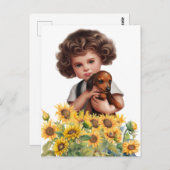 ダックスフント葉書アートを持つ小さな少年 ポストカード (正面/裏面)