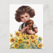 ダックスフント葉書アートを持つ小さな少年 ポストカード (正面)