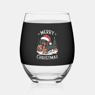 ダックスフント メリークリスマス クラシックTシャツ ステムなしワイングラス