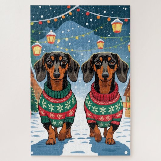 ダックスフント 犬 クリスマス 雪 冬のイベント ジグソーパズル (縦)