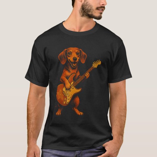 ダックスフンドがエレキギターを演奏 Tシャツ (正面)