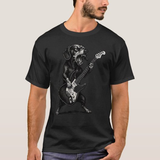 ダックスフンドがエレキギターを演奏 Tシャツ (正面)