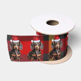 ダックスフンドとクリスマスのチェック柄 サテンリボン
