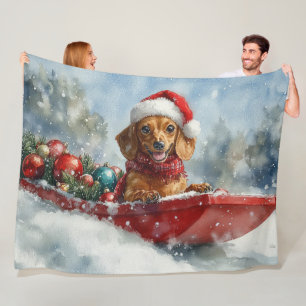 ダックスフンドのそり犬 雪を降らせて クリスマス フリースブランケット