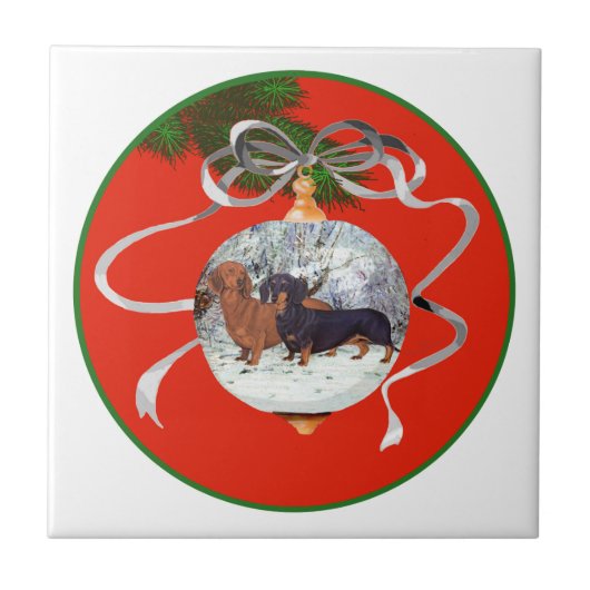 ダックスフンドのクリスマスオーナメント タイル (正面)