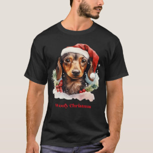 ダックスフンドのクリスマスサンタ帽子 Xmas Light Woofy Tシャツ