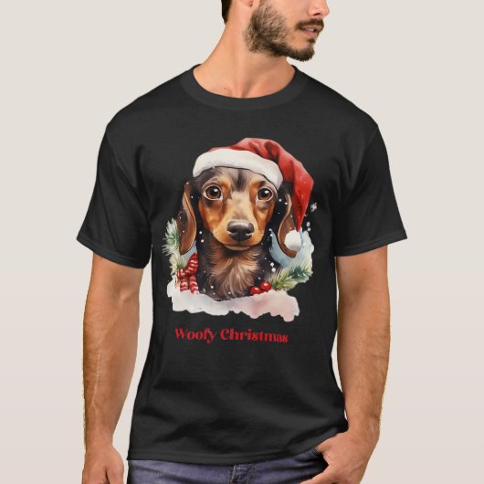ダックスフンドのクリスマスサンタ帽子 Xmas Light Woofy Tシャツ (正面)
