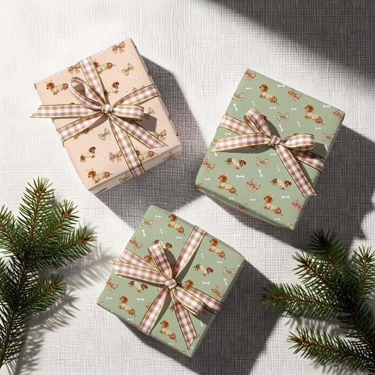 ダックスフンドのクリスマスチェック柄セーターの蝶結び ラッピングペーパーシート