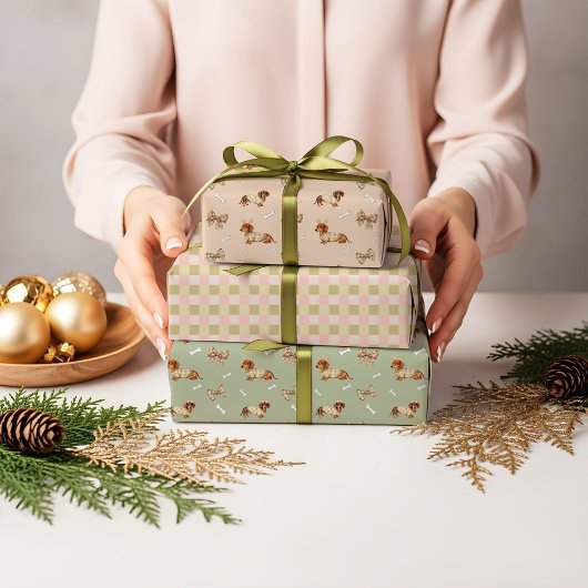 ダックスフンドのクリスマスチェック柄セーターの蝶結び ラッピングペーパーシート