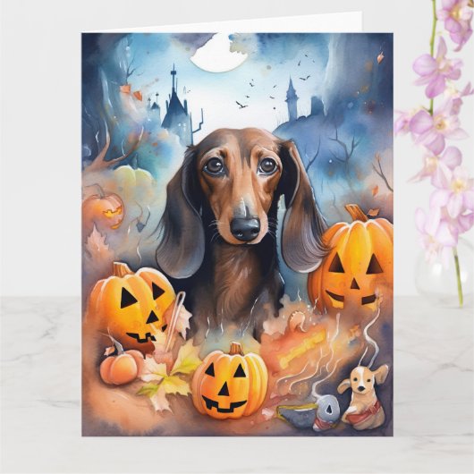 ダックスフンドのハロウィン かぼちゃで怖い カード (蘭)