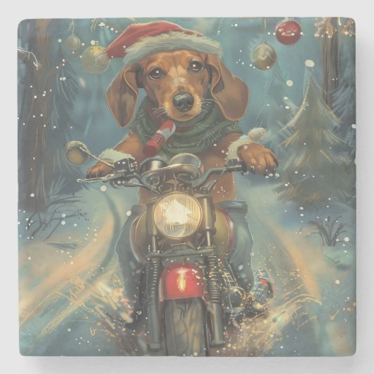 ダックスフンドのバイクに乗るクリスマス ストーンコースター (正面)
