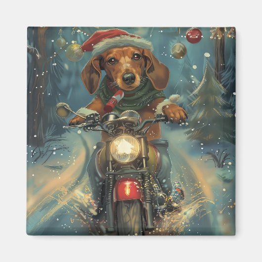 ダックスフンドのバイクに乗るクリスマス マグネット (正面)