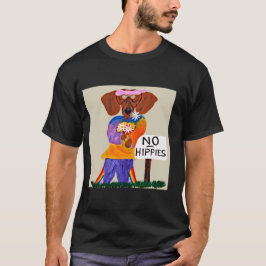 ダックスフンドのヒッピーと「ヒッピーお断り」標識 Tシャツ