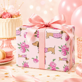 ダックスフンドのラッピングペーパー ピンク フローラル ギフト ラップ ラッピングペーパー