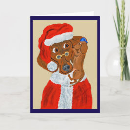 ダックスフンドの子犬がサンタにクリスマスの願い事を伝える カード