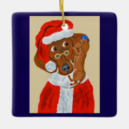 ダックスフンドの子犬がサンタにクリスマスの願い事を伝える セラミックオーナメント