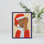 ダックスフンドの子犬がサンタにクリスマスの願い事を伝える ポストカード (スタンド正面)