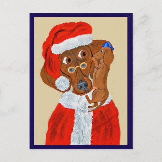 ダックスフンドの子犬がサンタにクリスマスの願い事を伝える ポストカード (正面)