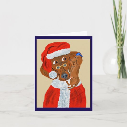 ダックスフンドの子犬がサンタにクリスマスの願い事を伝える 招待状 (正面)