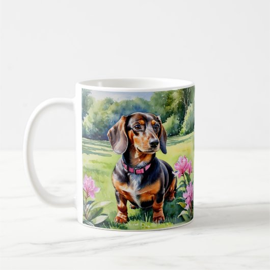 ダックスフンドの子犬の水彩画 コーヒーマグカップ (左)
