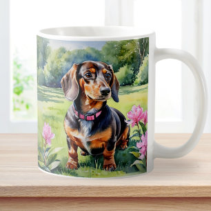 ダックスフンドの子犬の水彩画 コーヒーマグカップ