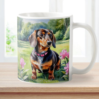 ダックスフンドの子犬の水彩画 コーヒーマグカップ