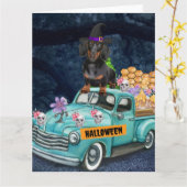 ダックスフンドの怖い夜のハロウィントラック カード (黄色い花)