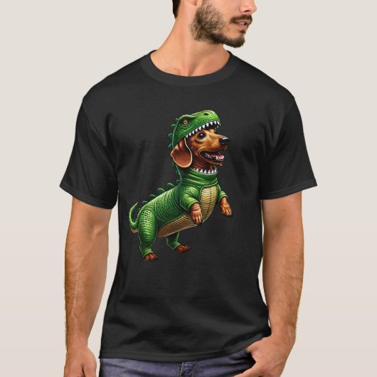 ダックスフンドの恐竜コスプレ 可愛い犬好きさんへ Tシャツ (正面)
