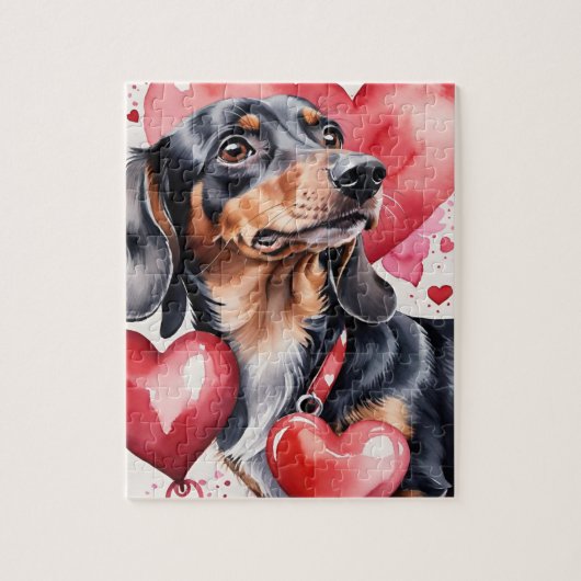 ダックスフンドの愛犬の肖像画 水彩バレンタイン ジグソーパズル (縦)