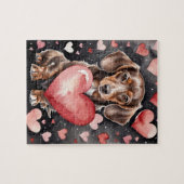 ダックスフンドの愛犬の肖像画 水彩バレンタイン ジグソーパズル (横)