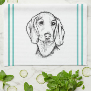 ダックスフンドの手描きスケッチ 黒白の仔犬 キッチンタオル