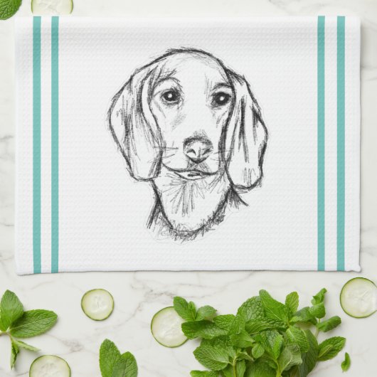 ダックスフンドの手描きスケッチ 黒白の仔犬 キッチンタオル (折り畳み)