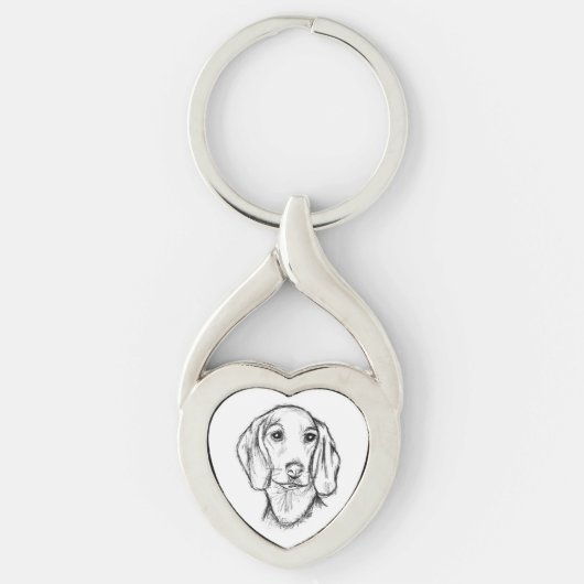 ダックスフンドの手描きスケッチ 黒白の仔犬 キーホルダー (正面)