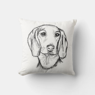 ダックスフンドの手描きスケッチ 黒白の仔犬 クッション