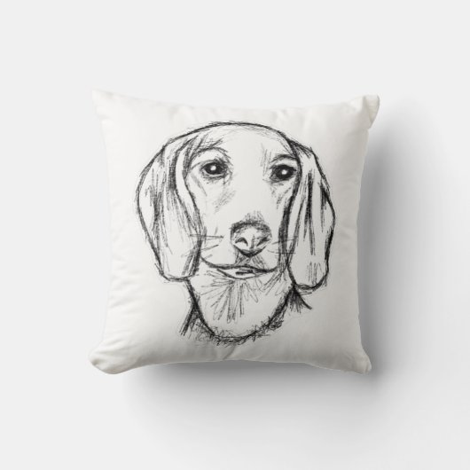 ダックスフンドの手描きスケッチ 黒白の仔犬 クッション (正面)